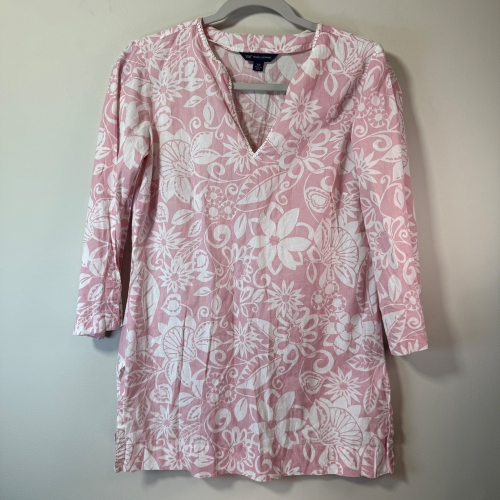 Brooks Brothers Tunic Top Womens XS Pink Floral Sequin Cotton Coastal Grandma